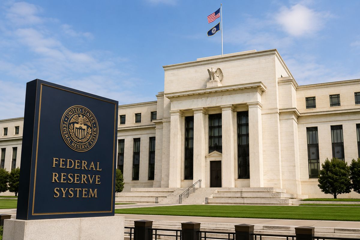 Federal Reserve building exterior with official signage in Washington, D.C., representing U.S. monetary policy, interest rates, and economic leadership.