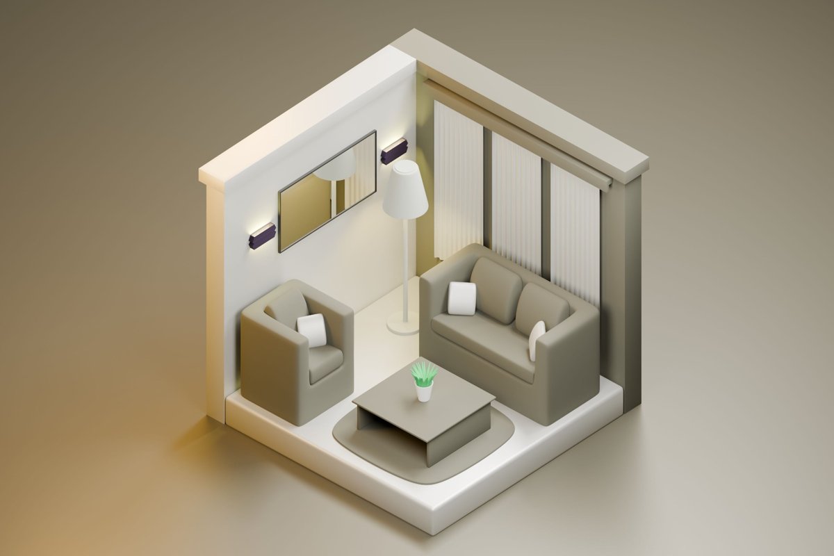 Conceptual rendering of a modern living room representing the future of 3D-printed housing, highlighting innovative construction technology, residential design, and emerging homebuilding methods.