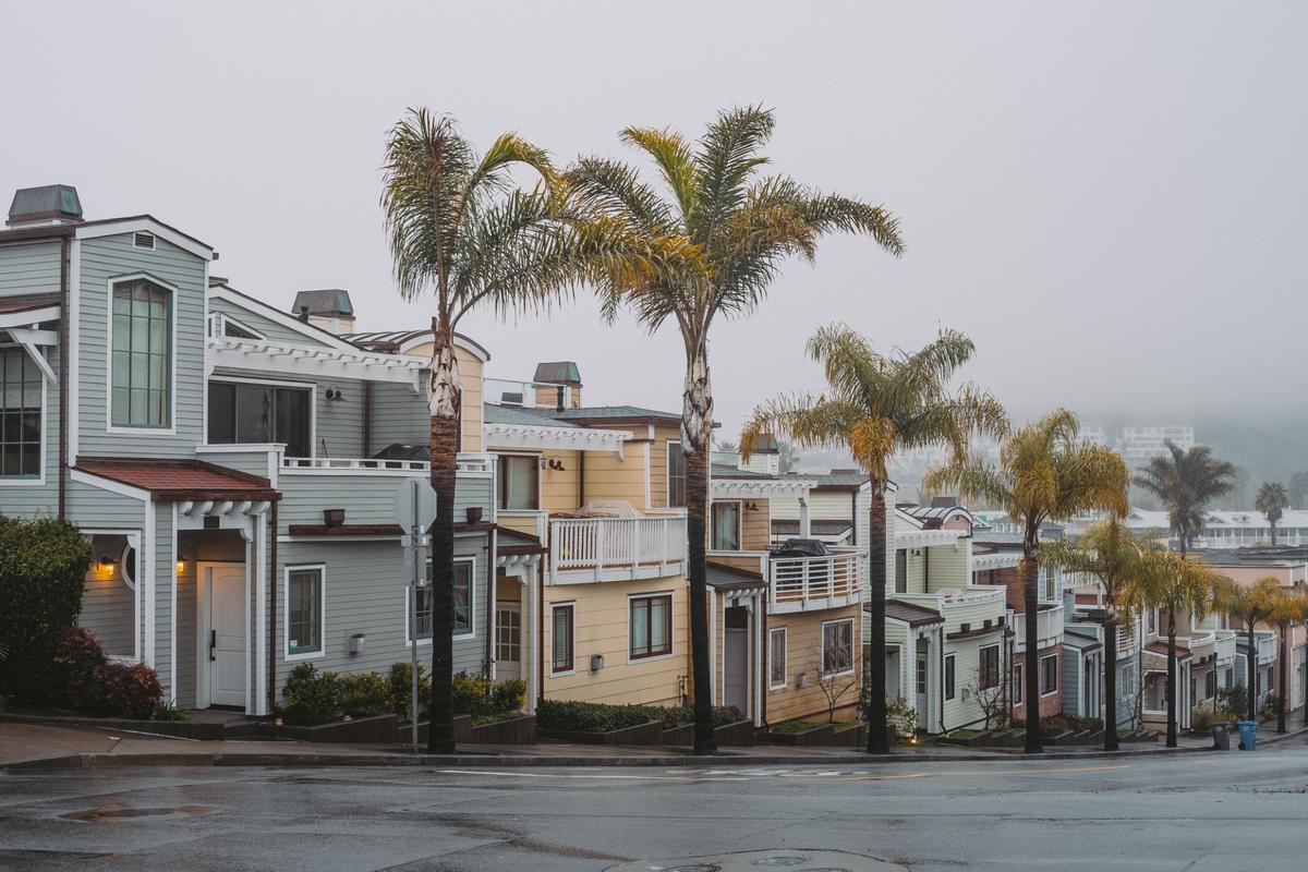 Row of California homes lined with palm trees on a quiet residential street