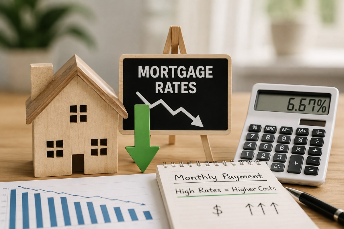 Wooden house, mortgage rate chart, and calculator showing a 6.67% mortgage rate as borrowing costs decline.